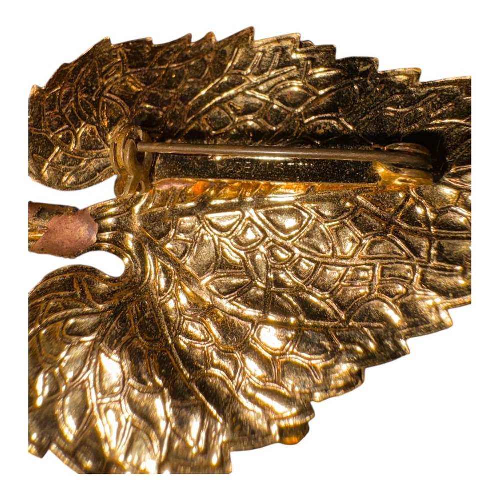 Vintage Austria Gold Tone Enamel Floral Leaf Brooch Blue Rhinestones J27 - Picture 6 of 6